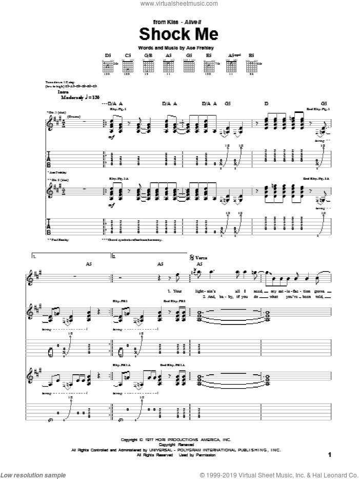 Shock Me sheet music for guitar (tablature) by KISS and Ace Frehley, intermediate skill level