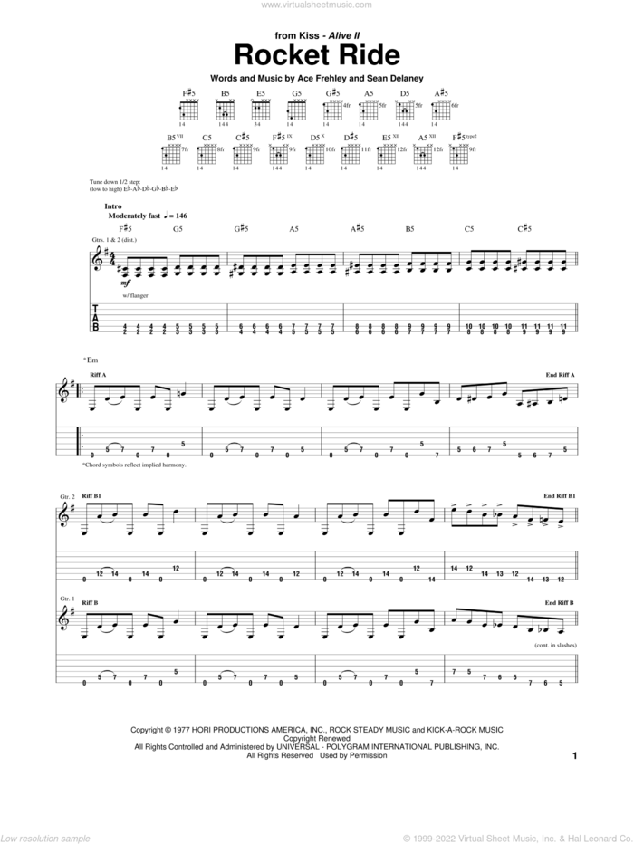 Rocket Ride sheet music for guitar (tablature) by KISS, Ace Frehley and Sean Delaney, intermediate skill level