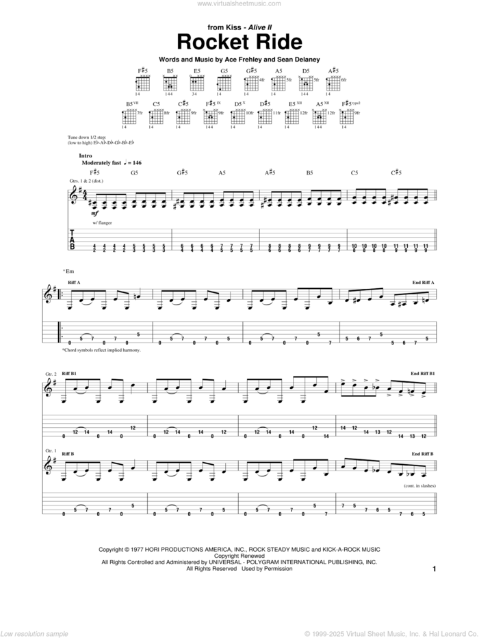 Rocket Ride sheet music for guitar (tablature) by KISS, Ace Frehley and Sean Delaney, intermediate skill level