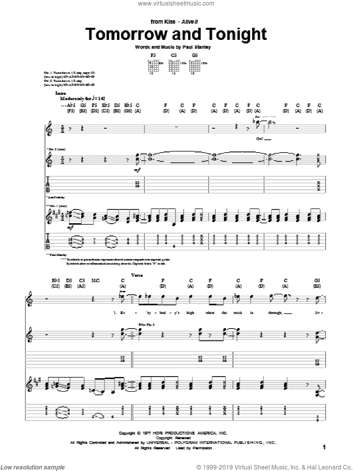 Tomorrow And Tonight sheet music for guitar (tablature) by KISS and Paul Stanley, intermediate skill level