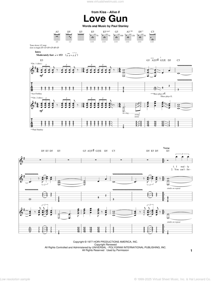 Love Gun sheet music for guitar (tablature) by KISS and Paul Stanley, intermediate skill level