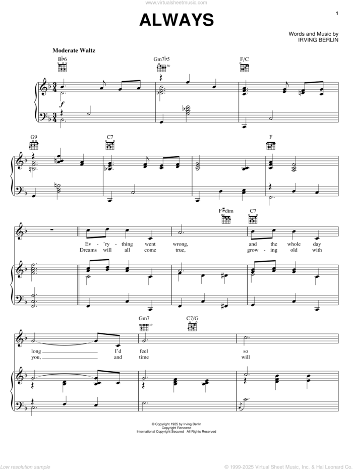 Always sheet music for voice, piano or guitar by Irving Berlin, Billie Holiday, Ella Fitzgerald, Frank Sinatra, Kenny Rogers, Patsy Cline, Sarah Vaughan and Willie Nelson, intermediate skill level