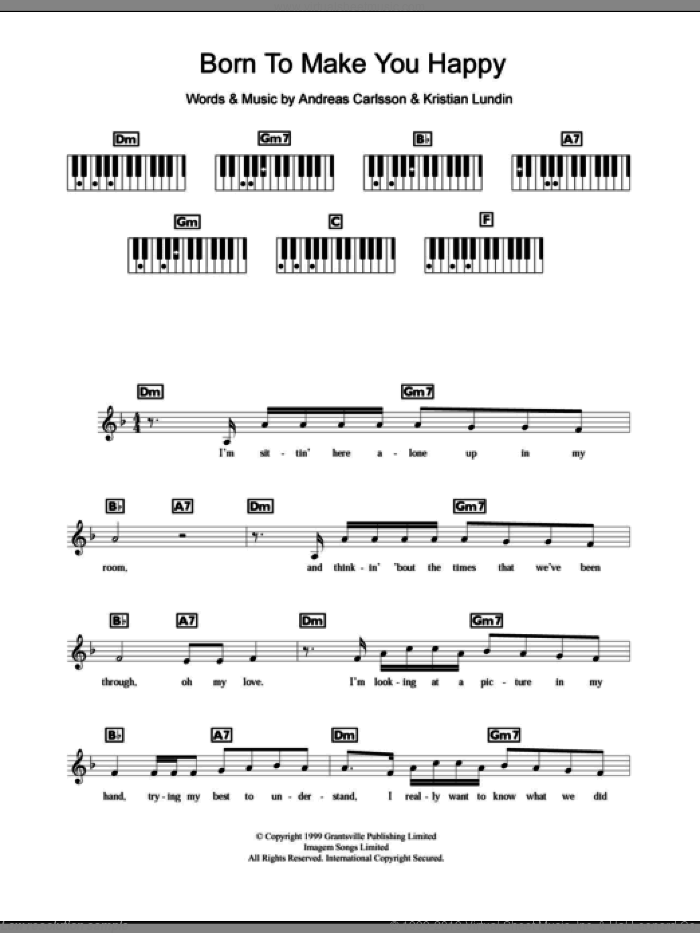 Born To Make You Happy sheet music for piano solo (chords, lyrics, melody) by Britney Spears, Andreas Carlsson and Kristian Lundin, intermediate piano (chords, lyrics, melody)