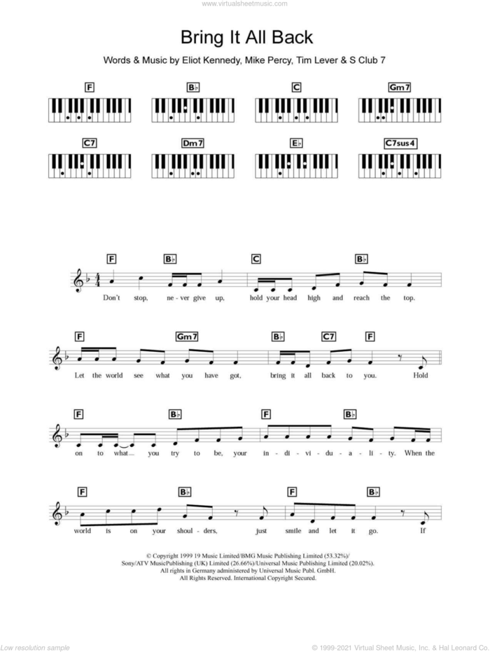Bring It All Back sheet music for piano solo (chords, lyrics, melody) by S Club 7, Eliot Kennedy, Mike Percy and Tim Lever, intermediate piano (chords, lyrics, melody)