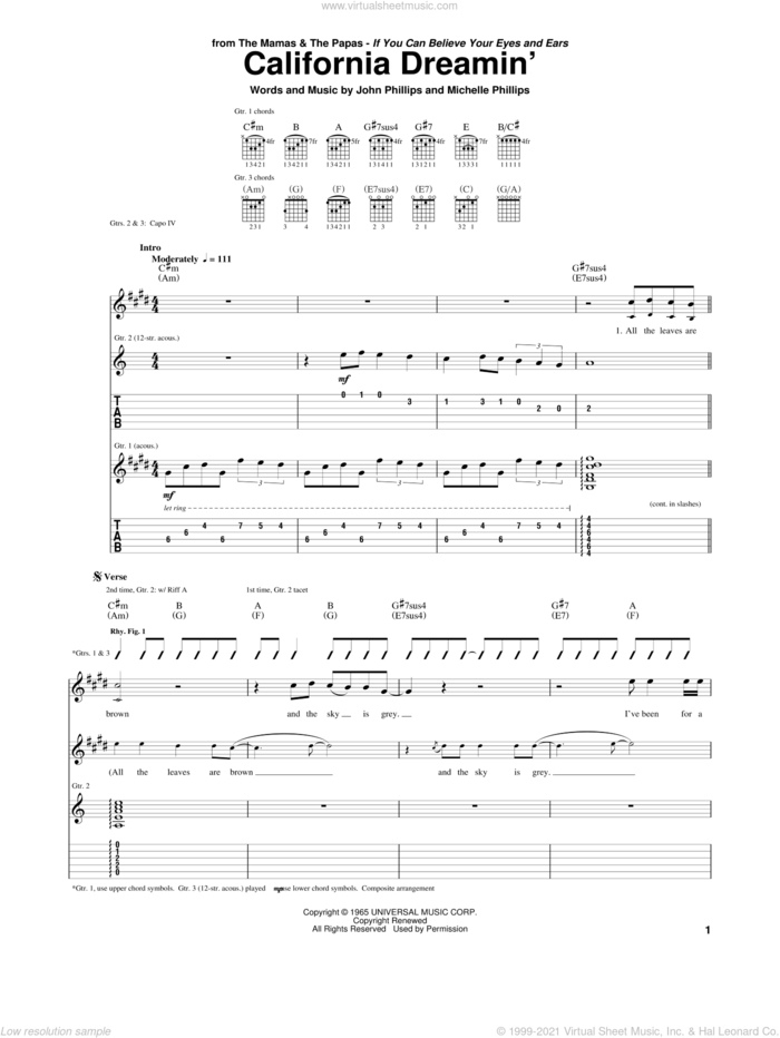 California Dreamin' sheet music for guitar (tablature) by The Mamas & The Papas, John Phillips and Michelle Phillips, intermediate skill level