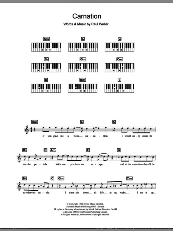 Carnation sheet music for piano solo (chords, lyrics, melody) by The Jam and Paul Weller, intermediate piano (chords, lyrics, melody)