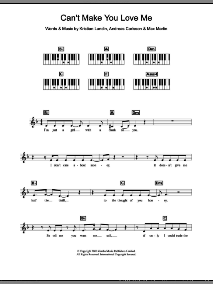 Can't Make You Love Me sheet music for piano solo (chords, lyrics, melody) by Britney Spears, Andreas Carlsson, Kristian Lundin and Max Martin, intermediate piano (chords, lyrics, melody)