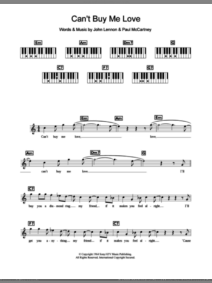Can't Buy Me Love sheet music for piano solo (chords, lyrics, melody) by The Beatles, John Lennon and Paul McCartney, intermediate piano (chords, lyrics, melody)