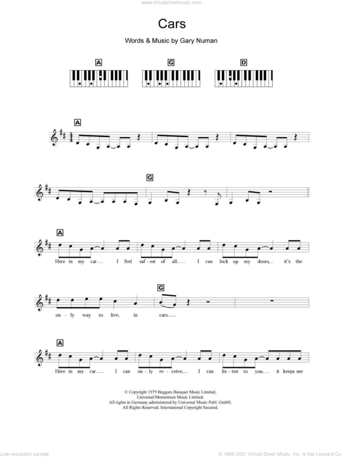 Cars sheet music for piano solo (chords, lyrics, melody) by Gary Numan, intermediate piano (chords, lyrics, melody)