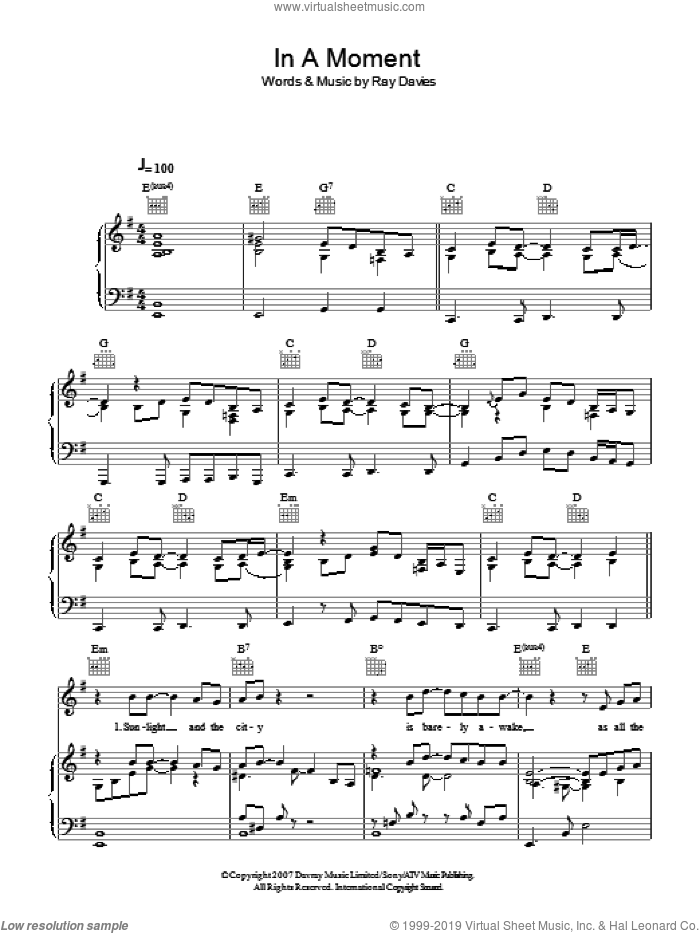 In A Moment sheet music for voice, piano or guitar by Ray Davies, intermediate skill level