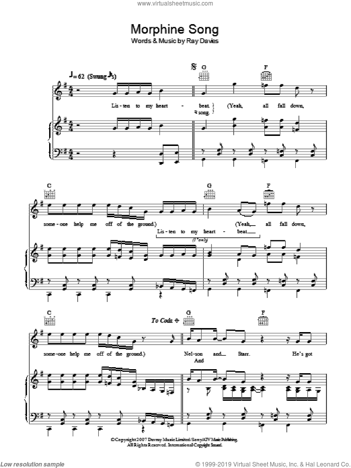Morphine Song sheet music for voice, piano or guitar by Ray Davies, intermediate skill level