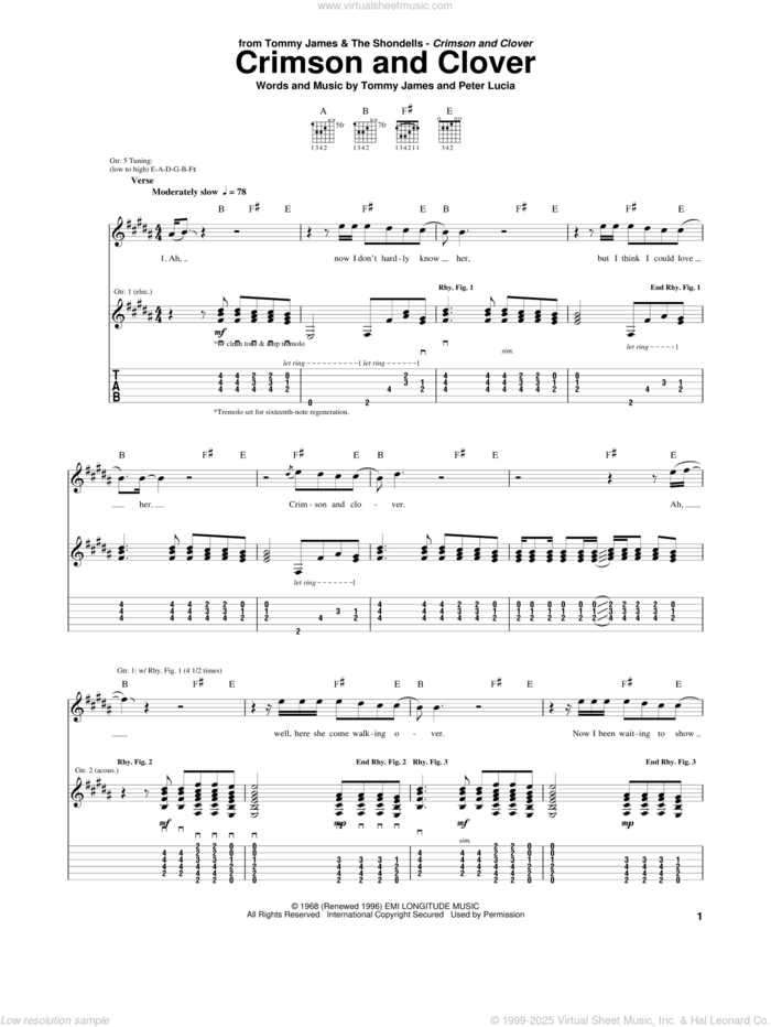 Crimson And Clover sheet music for guitar (tablature) by Tommy James & The Shondells, Joan Jett, Peter Lucia and Tommy James, intermediate skill level