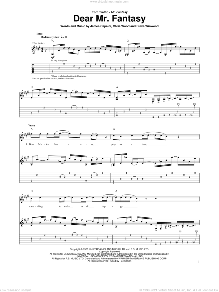 Dear Mr. Fantasy sheet music for guitar (tablature) by Traffic, Chris Wood, James Capaldi and Steve Winwood, intermediate skill level