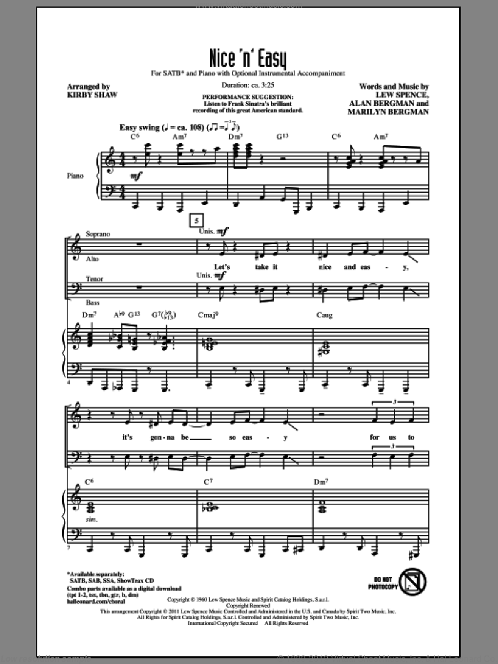 Nice 'n' Easy sheet music for choir (SATB: soprano, alto, tenor, bass) by Marilyn Bergman, Alan Bergman, Lew Spence, Frank Sinatra and Kirby Shaw, intermediate skill level