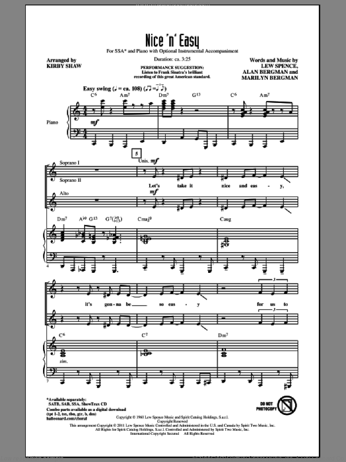 Nice 'n' Easy sheet music for choir (SSA: soprano, alto) by Marilyn Bergman, Alan Bergman, Lew Spence, Frank Sinatra and Kirby Shaw, intermediate skill level