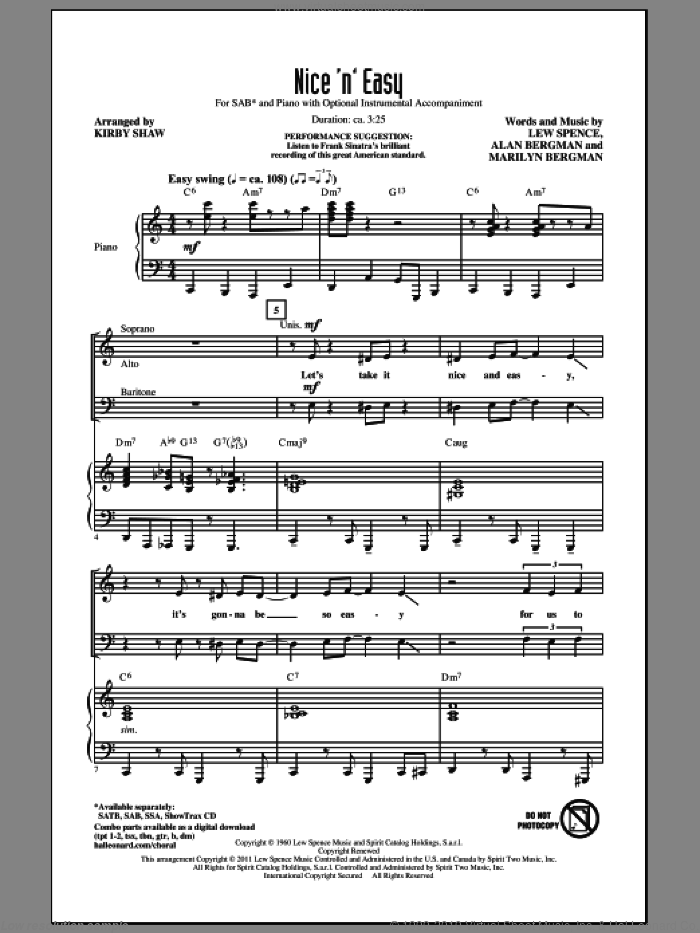 Nice 'n' Easy sheet music for choir (SAB: soprano, alto, bass) by Marilyn Bergman, Alan Bergman, Lew Spence, Frank Sinatra and Kirby Shaw, intermediate skill level