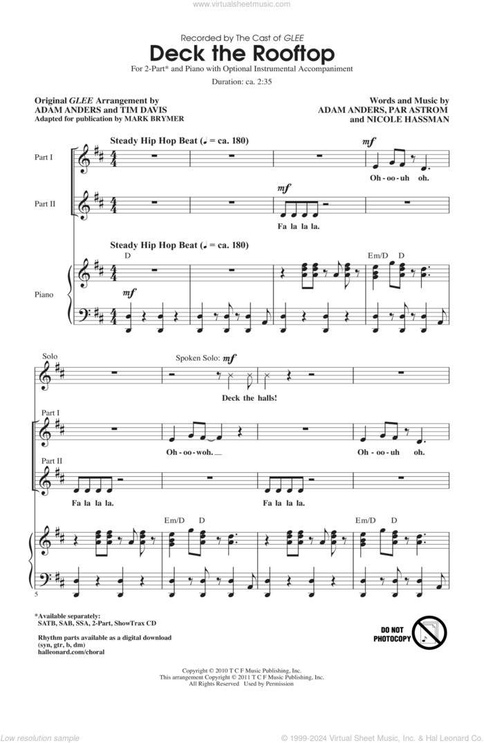 Deck The Rooftop sheet music for choir (2-Part) by Peer Astrom, Nicole Hassman, Nikki Hassman, Par Astrom, Adam Anders, Glee Cast, Mark Brymer, Miscellaneous and Tim Davis, intermediate duet