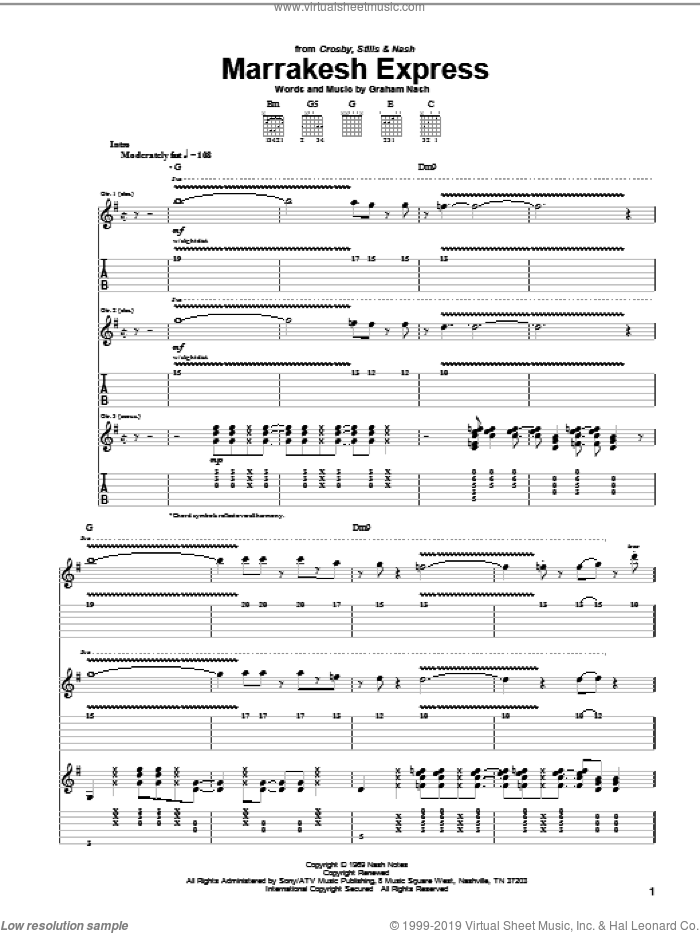 Marrakesh Express sheet music for guitar (tablature) by Crosby, Stills & Nash and Graham Nash, intermediate skill level