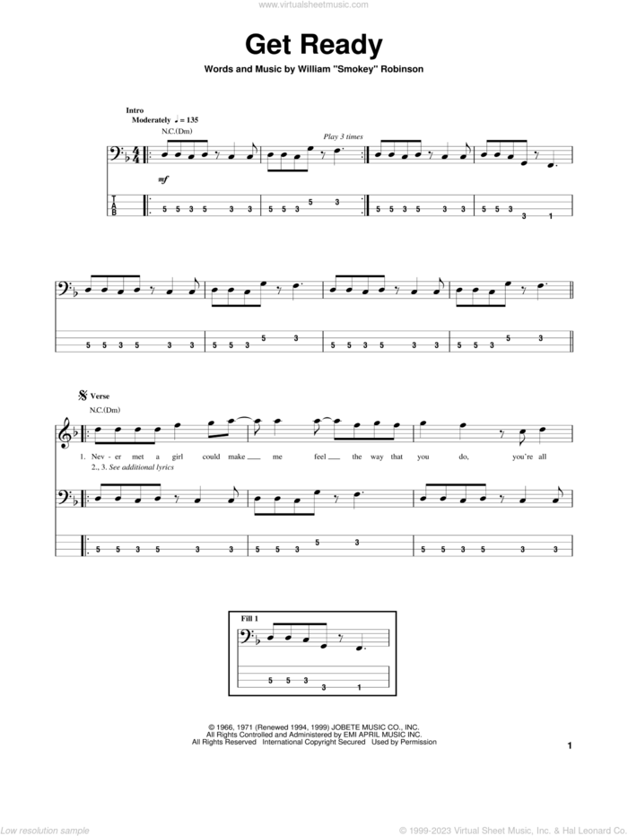 Get Ready sheet music for bass (tablature) (bass guitar) by Rare Earth and The Temptations, intermediate skill level