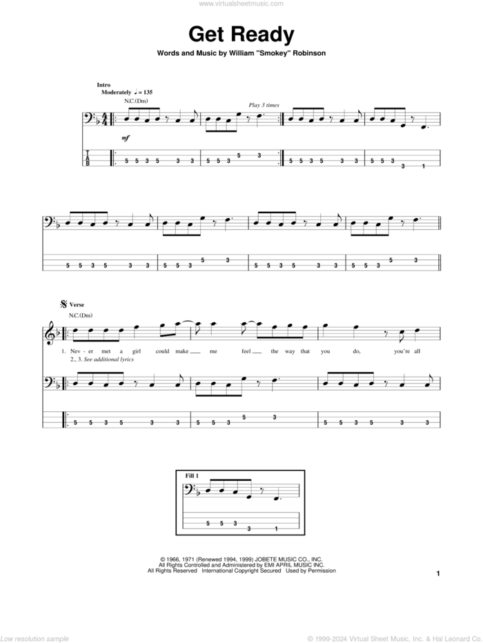 Get Ready sheet music for bass (tablature) (bass guitar) by Rare Earth and The Temptations, intermediate skill level