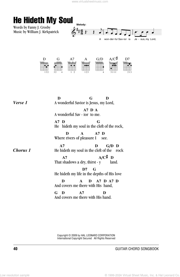 He Hideth My Soul sheet music for guitar (chords) by Fanny J. Crosby and William J. Kirkpatrick, intermediate skill level