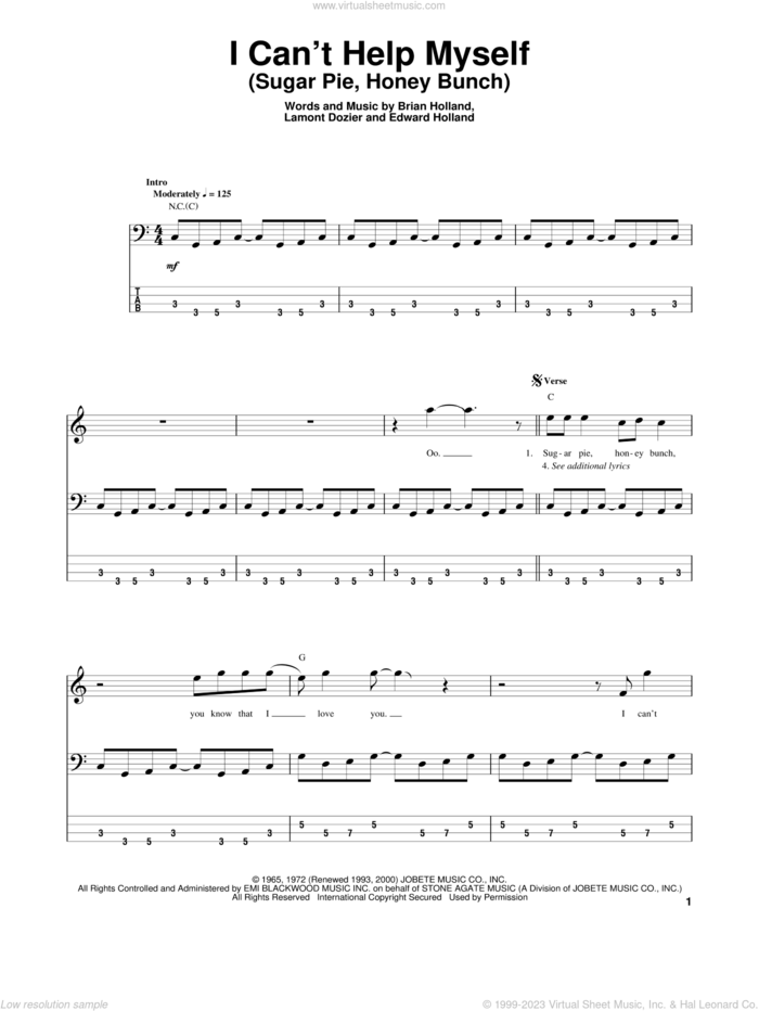 I Can't Help Myself (Sugar Pie, Honey Bunch) sheet music for bass (tablature) (bass guitar) by The Four Tops, Brian Holland, Eddie Holland and Lamont Dozier, intermediate skill level