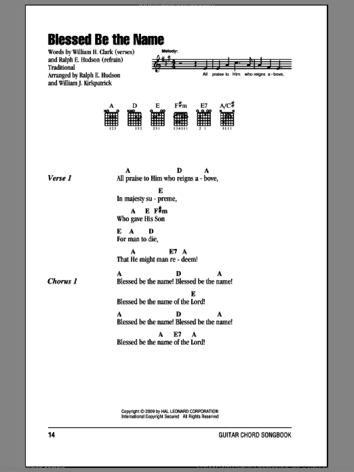 Blessed Be The Name sheet music for guitar (chords) by William H. Clark, Ralph Hudson and William J. Kirkpatrick, intermediate skill level