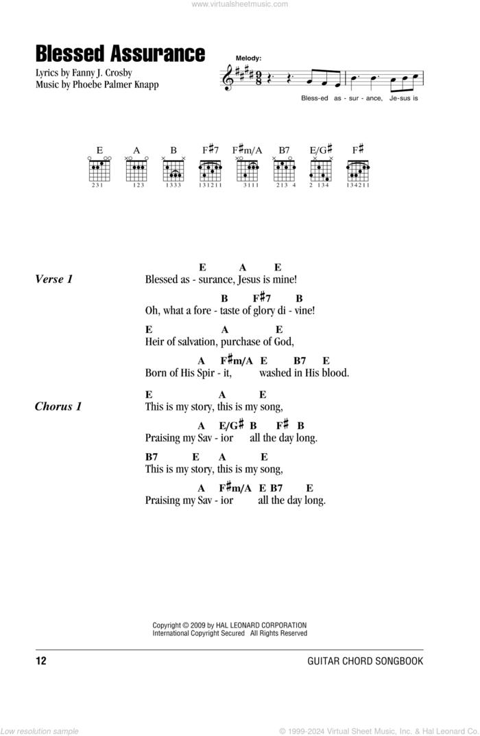 Blessed Assurance sheet music for guitar (chords) by Fanny J. Crosby and Phoebe Palmer Knapp, intermediate skill level