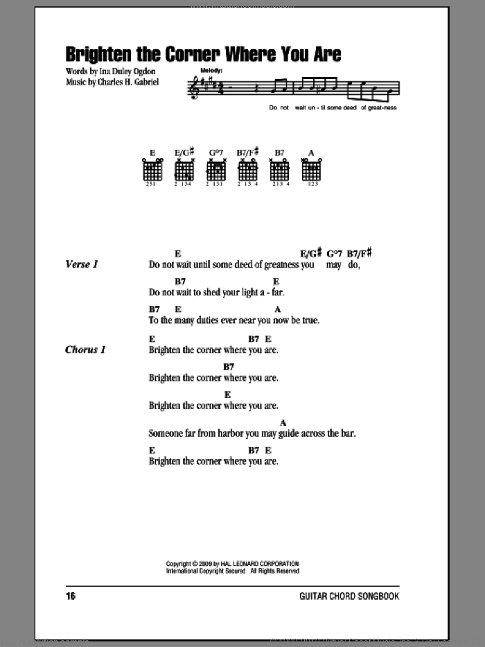 Brighten The Corner Where You Are sheet music for guitar (chords) by Ina Duley Ogdon and Charles H. Gabriel, intermediate skill level