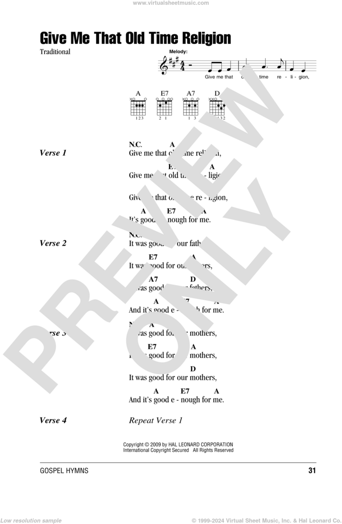 Give Me That Old Time Religion sheet music for guitar (chords), intermediate skill level