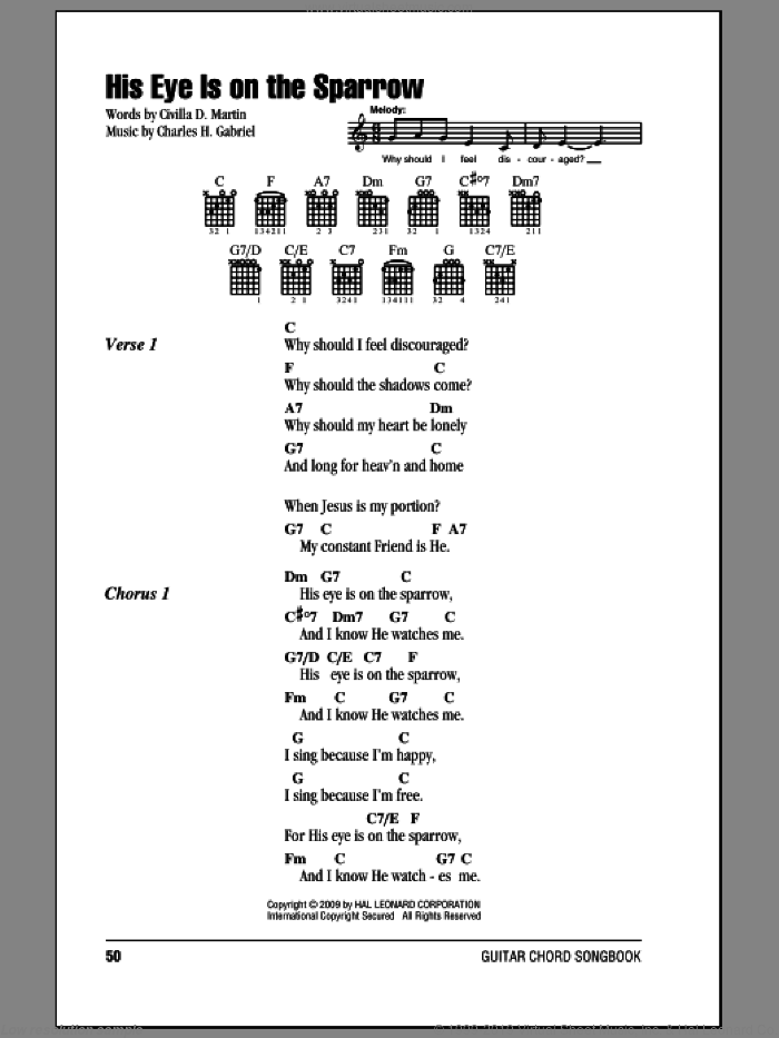 His Eye Is On The Sparrow sheet music for guitar (chords) by Mahalia Jackson, Charles H. Gabriel and Civilla D. Martin, intermediate skill level
