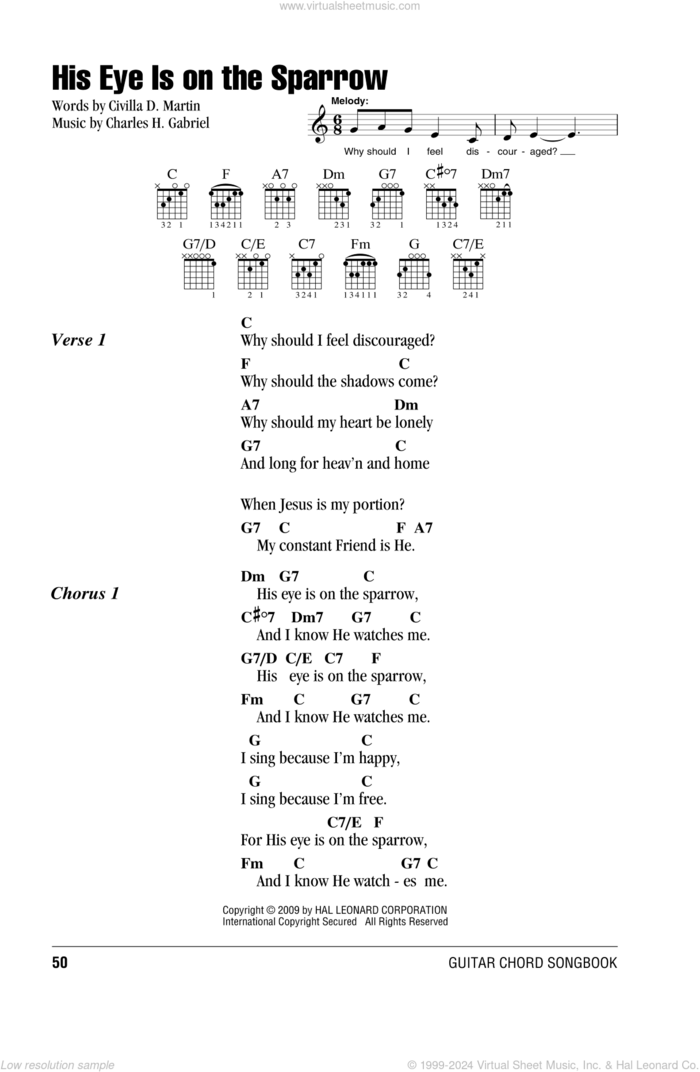 His Eye Is On The Sparrow sheet music for guitar (chords) by Mahalia Jackson, Charles H. Gabriel and Civilla D. Martin, intermediate skill level