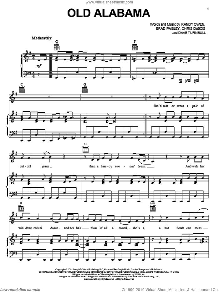 Old Alabama sheet music for voice, piano or guitar by Brad Paisley featuring Alabama, Brad Paisley, Chris DuBois, Dave Turnbull and Randy Owen, intermediate skill level
