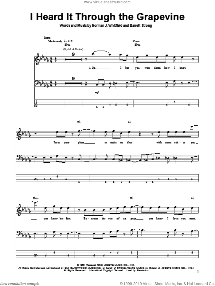I Heard It Through The Grapevine sheet music for bass (tablature) (bass guitar) by Marvin Gaye, Gladys Knight & The Pips, Michael McDonald, Barrett Strong and Norman Whitfield, intermediate skill level