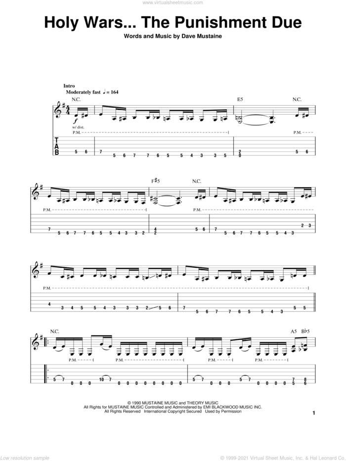Holy Wars...The Punishment Due sheet music for guitar (tablature, play-along) by Megadeth and Dave Mustaine, intermediate skill level
