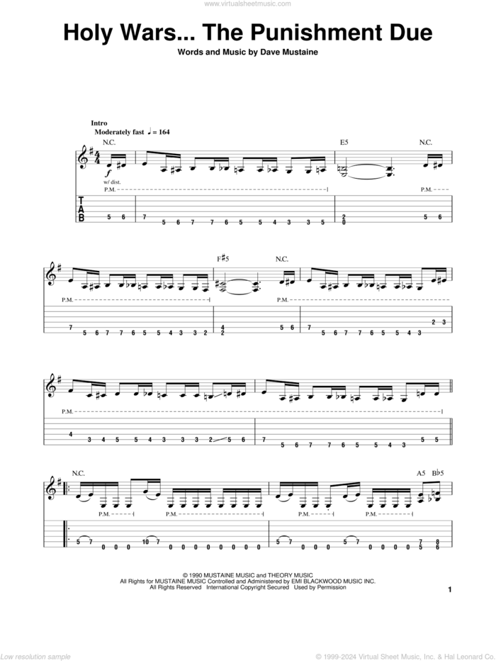 Holy Wars...The Punishment Due sheet music for guitar (tablature, play-along) by Megadeth and Dave Mustaine, intermediate skill level