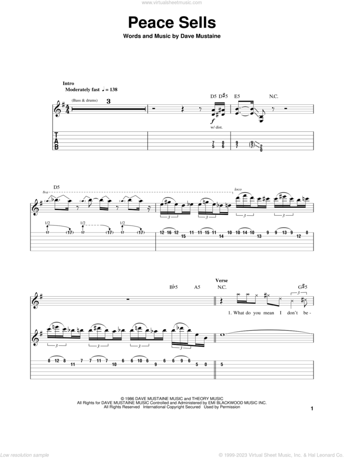 Peace Sells sheet music for guitar (tablature, play-along) by Megadeth and Dave Mustaine, intermediate skill level