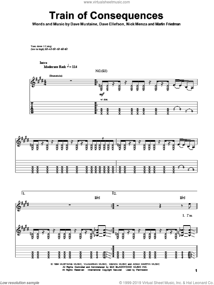 Train Of Consequences sheet music for guitar (tablature, play-along) by Megadeth, Dave Ellefson, Dave Mustaine, Martin Friedman and Nick Menza, intermediate skill level