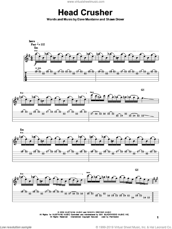 Head Crusher sheet music for guitar (tablature, play-along) by Megadeth, Dave Mustaine and Shawn Drover, intermediate skill level