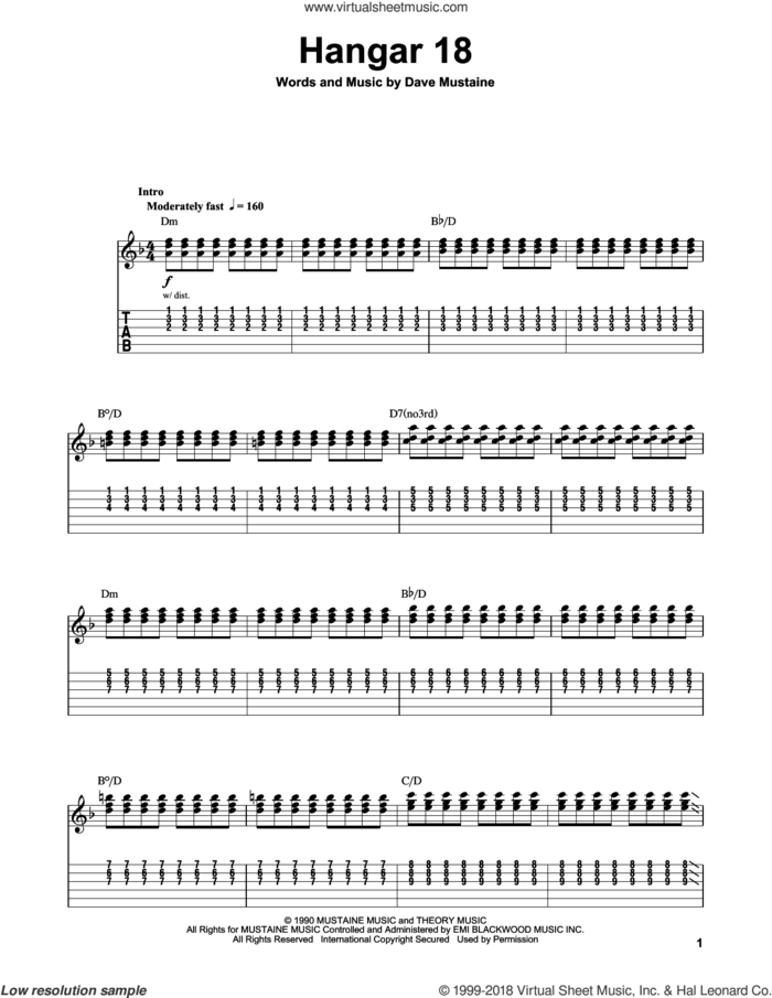 Hangar 18 sheet music for guitar (tablature, play-along) by Megadeth and Dave Mustaine, intermediate skill level