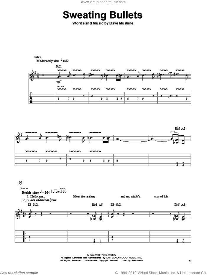 Sweating Bullets sheet music for guitar (tablature, play-along) by Megadeth and Dave Mustaine, intermediate skill level