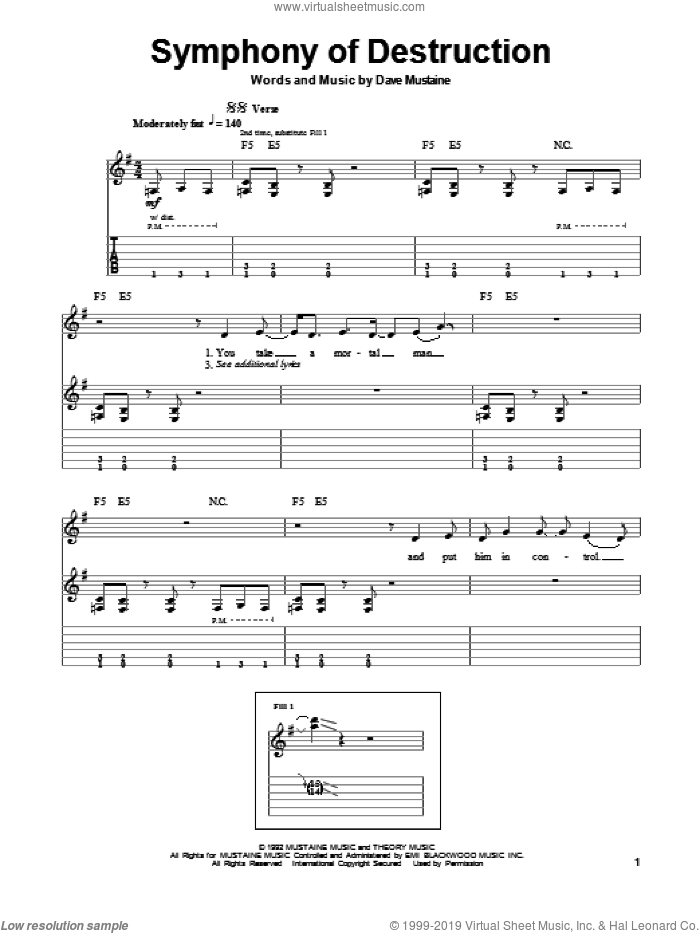 Symphony Of Destruction sheet music for guitar (tablature, play-along) by Megadeth and Dave Mustaine, intermediate skill level