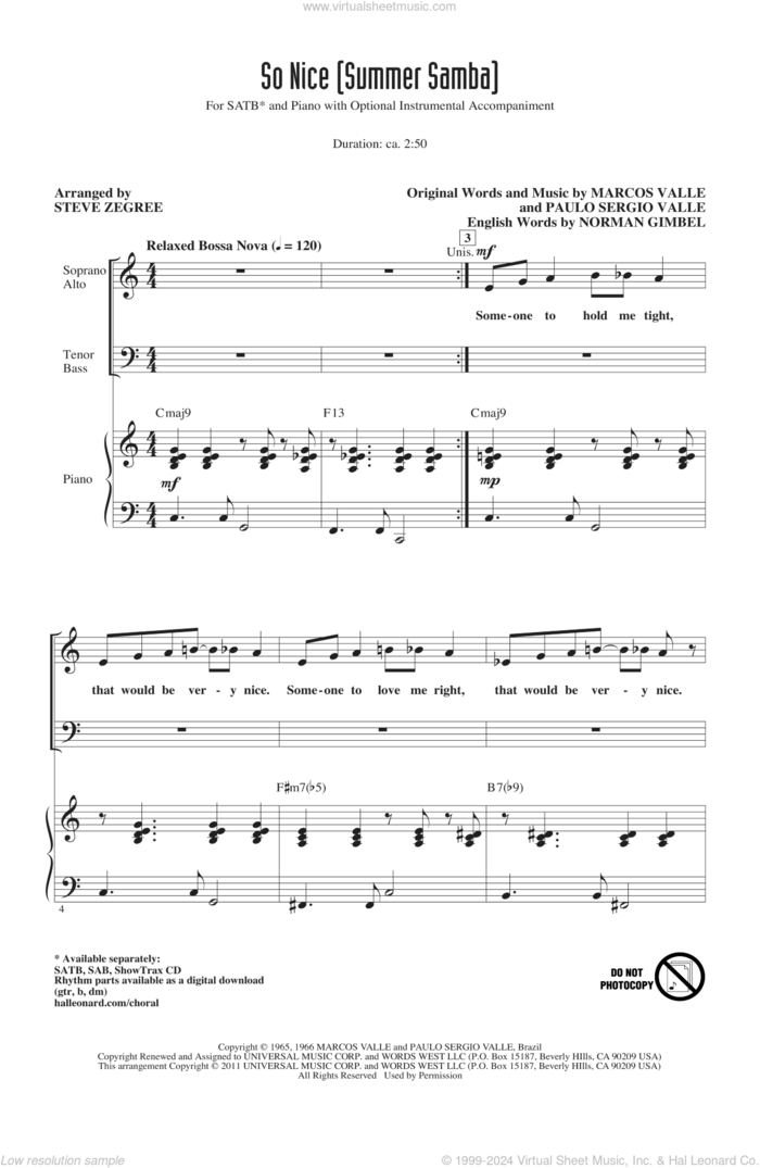 So Nice (Summer Samba) sheet music for choir (SATB: soprano, alto, tenor, bass) by Norman Gimbel, Marcos Valle, Paulo Sergio Valle, Walter Wanderley and Steve Zegree, intermediate skill level