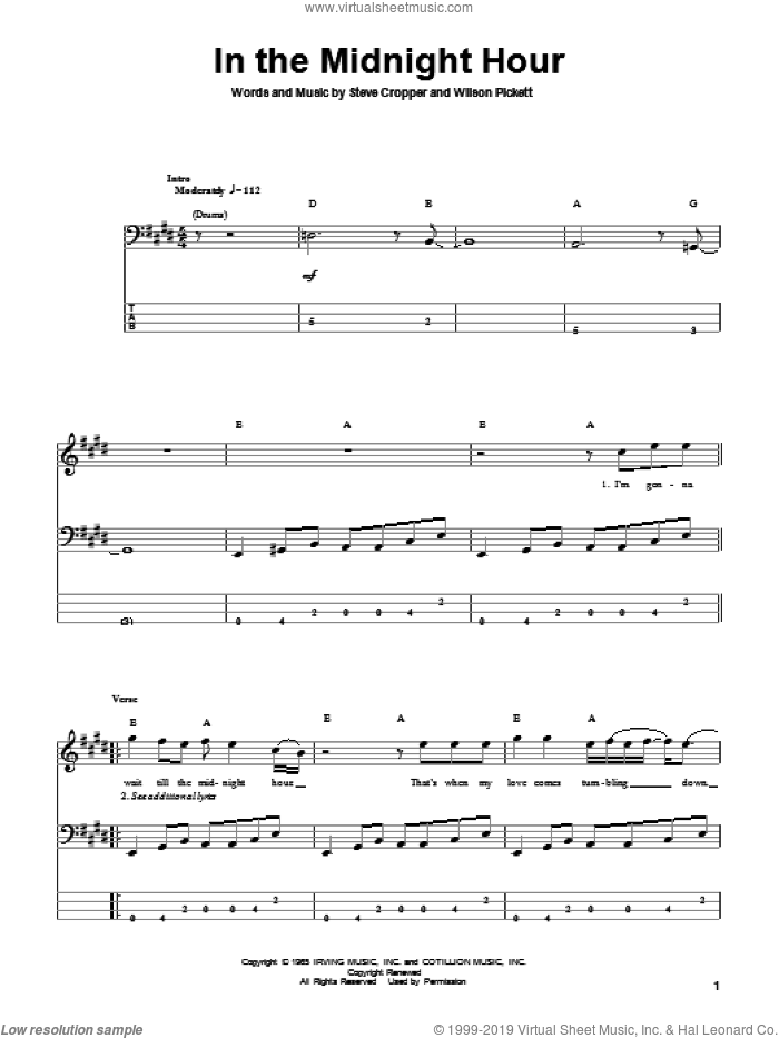In The Midnight Hour sheet music for bass (tablature) (bass guitar) by Wilson Pickett and Steve Cropper, intermediate skill level