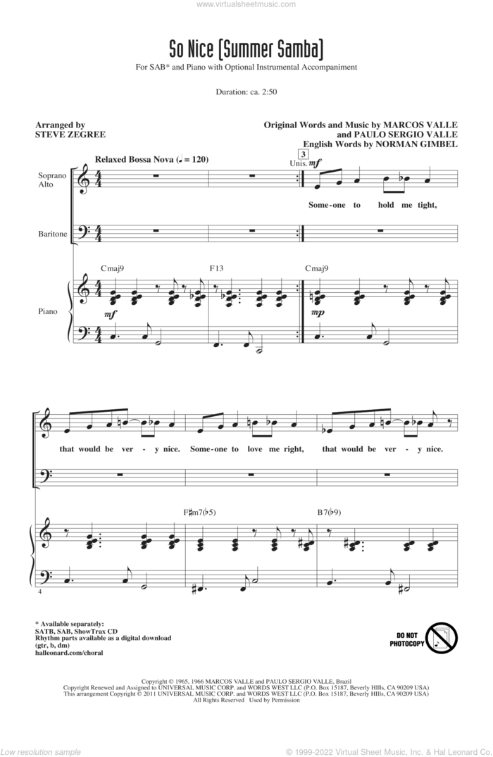 So Nice (Summer Samba) sheet music for choir (SAB: soprano, alto, bass) by Norman Gimbel, Marcos Valle, Paulo Sergio Valle, Walter Wanderley and Steve Zegree, intermediate skill level