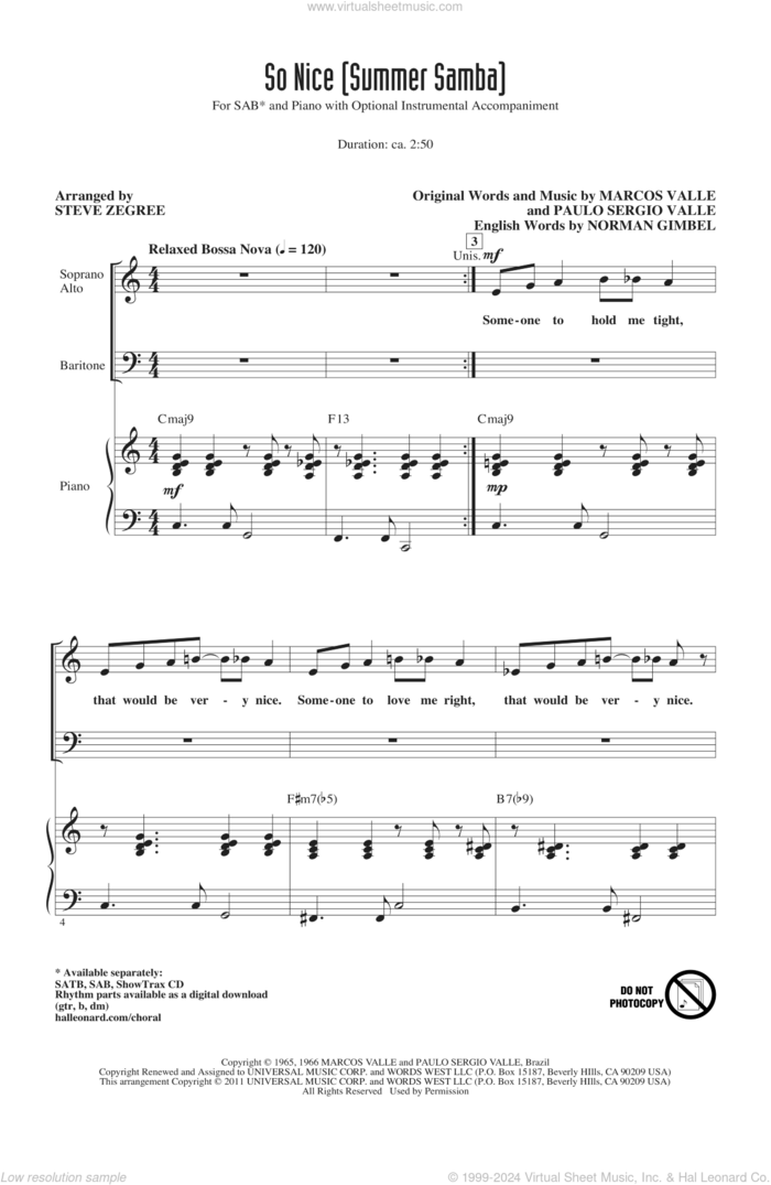 So Nice (Summer Samba) sheet music for choir (SAB: soprano, alto, bass) by Norman Gimbel, Marcos Valle, Paulo Sergio Valle, Walter Wanderley and Steve Zegree, intermediate skill level