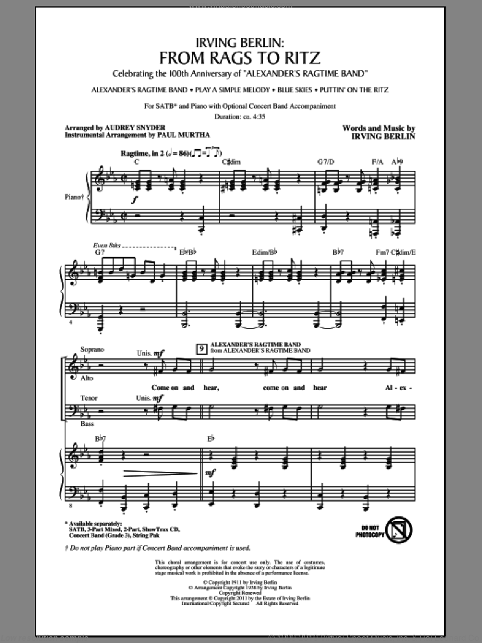 Irving Berlin: From Rags To Ritz (Medley) sheet music for choir (SATB: soprano, alto, tenor, bass) by Irving Berlin, Alice Faye, Emma Carus, Audrey Snyder and Paul Murtha, intermediate skill level