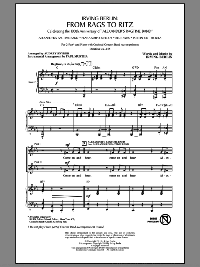 Irving Berlin: From Rags To Ritz (Medley) sheet music for choir (2-Part) by Irving Berlin, Alice Faye, Emma Carus, Audrey Snyder and Paul Murtha, intermediate duet