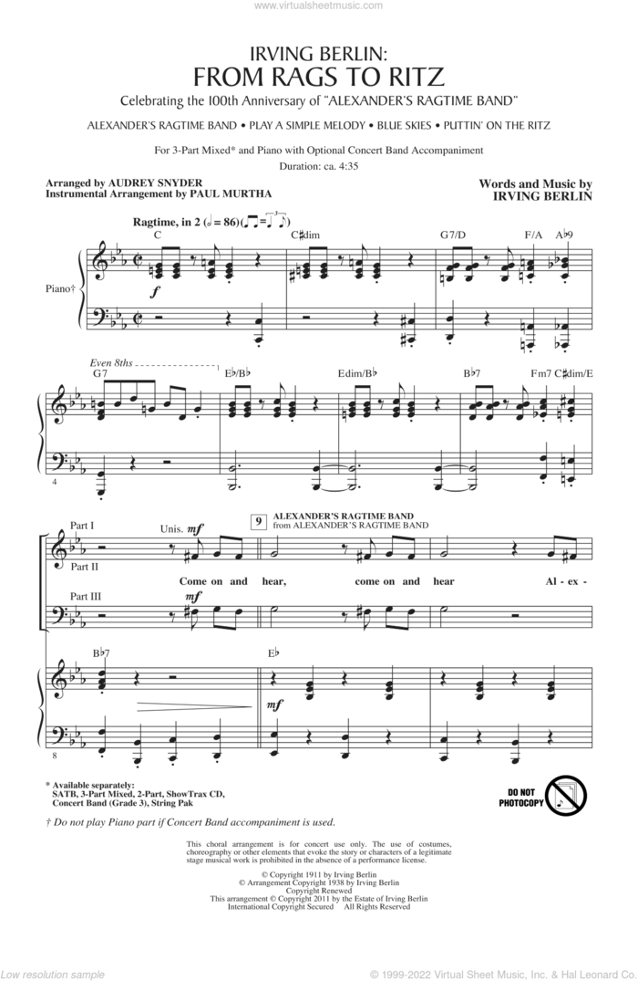 Irving Berlin: From Rags To Ritz (Medley) sheet music for choir (3-Part Mixed) by Irving Berlin, Alice Faye, Emma Carus, Audrey Snyder and Paul Murtha, intermediate skill level