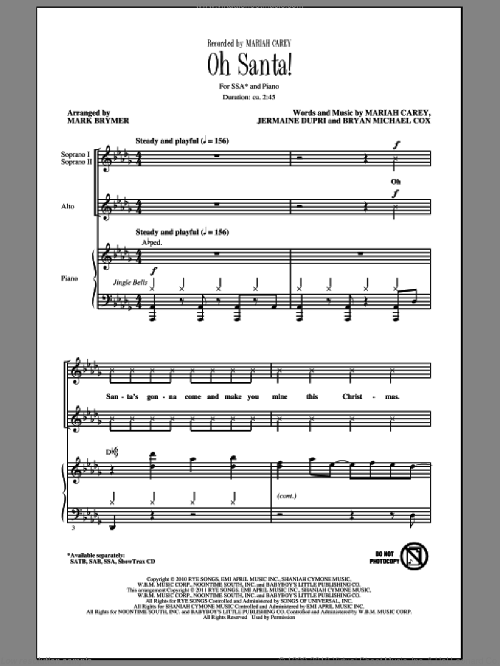Oh Santa! sheet music for choir (SSA: soprano, alto) by Mariah Carey, Bryan Michael Cox, Jermaine Dupri and Mark Brymer, intermediate skill level
